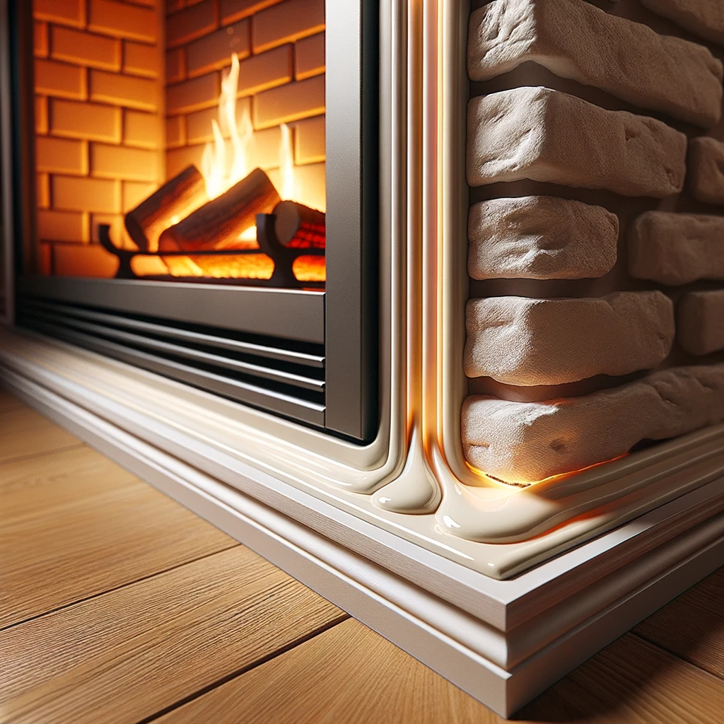 Photo of a fireplace insert with visible gaps and spaces, highlighting the need for sealing. Close-up of the edges where the sealing material will be applied. The room has warm lighting and there's a brick wall background.