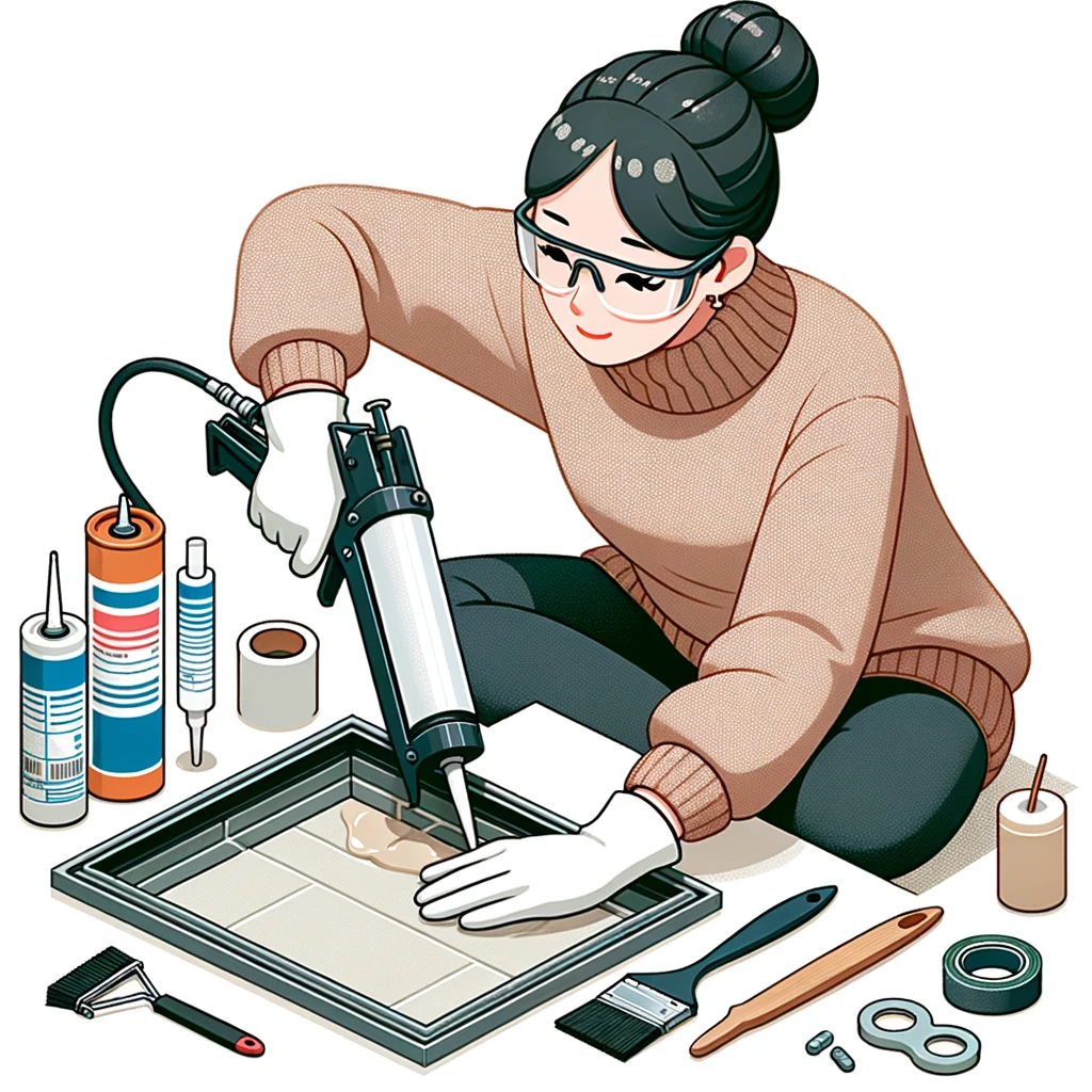 Illustration of a person of Asian descent, female, wearing safety glasses and gloves, carefully applying sealant to the edges of a fireplace insert. Various tools like a caulk gun, brush, and sealing tape are spread out on a nearby table.