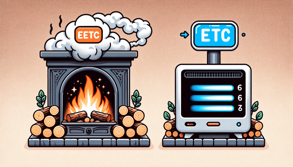 Illustration comparing the energy consumption of a traditional wood-burning fireplace and an electric fireplace. On the left, a wood fireplace with logs burning and a cloud of smoke rising, and on the right, a neat electric fireplace with bright blue digital numbers showing its energy efficiency.