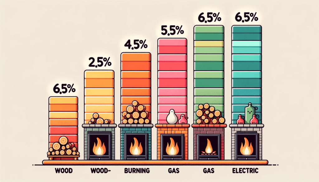 Illustration showcasing a bar chart comparing the energy efficiencies of different types of fireplaces: wood-burning, gas, and electric. Each bar is labeled with its respective efficiency percentage, with the electric fireplace bar being the tallest.