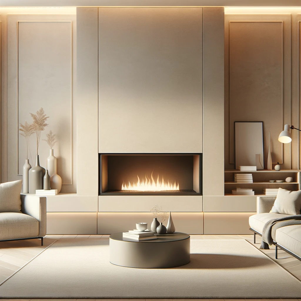 Illustrate a modern living room that features a flush insert pellet fireplace as the focal point. The fireplace should be sleek, with a flat surface that aligns perfectly with the surrounding wall, giving it a seamless look. Above the fireplace, include a mantel with minimal decorative items such as a simple vase or a couple of books, emphasizing the clean design of the flush insert.