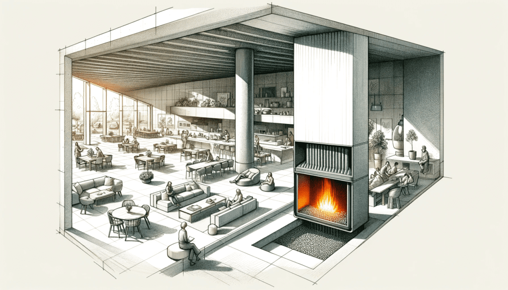 Design an expansive, open-plan interior space where a protruding insert pellet fireplace is being used as a central heating element. The fireplace should be robust and prominent, extending slightly out from the wall into the room, with a visible flame and pellet hopper. Around the fireplace, illustrate a variety of seating arrangements and open areas, such as a lounge space with sofas and chairs, a dining area with a large table, and possibly an open kitchen in the background.