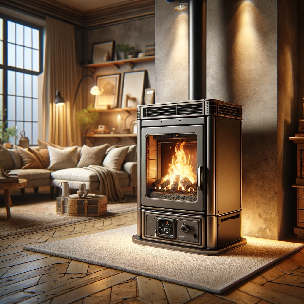 Visualize a freestanding pellet stove with a modern and sleek design. The stove should be positioned on a hearth pad in a cozy room setting, with a clear glass front through which the flames are visible. Include details like the pellet hopper, control panel, and vent pipe, showcasing the stove's functionality.