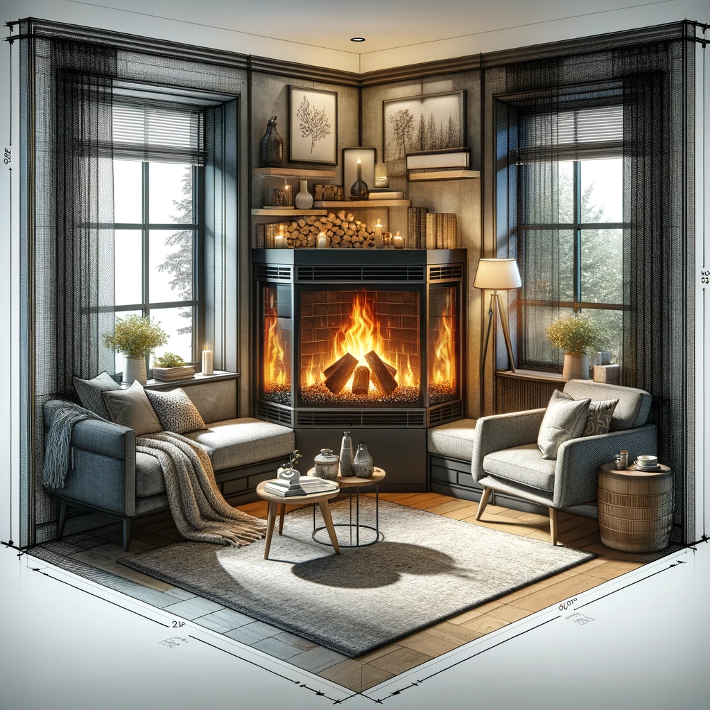 Visualize a cozy room corner featuring a corner insert pellet fireplace. The design should incorporate a two-sided glass viewing area that fits neatly into the corner of the room, maximizing space and visibility of the flames. The surrounding area should be tastefully decorated to complement the fireplace, with a comfortable seating area positioned to enjoy the warmth. 