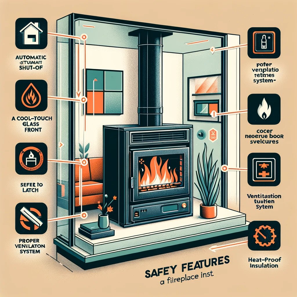  Showcasing key safety features of a fireplace insert. Include labels for an automatic shut-off, a cool-to-touch glass front, a secure door latch, proper ventilation system, and heat-proof insulation. The diagram should have a cross-sectional view of a modern fireplace insert within a home setting, showing these safety components in context. The style should be clear and educational, with an emphasis on visibility of each feature.