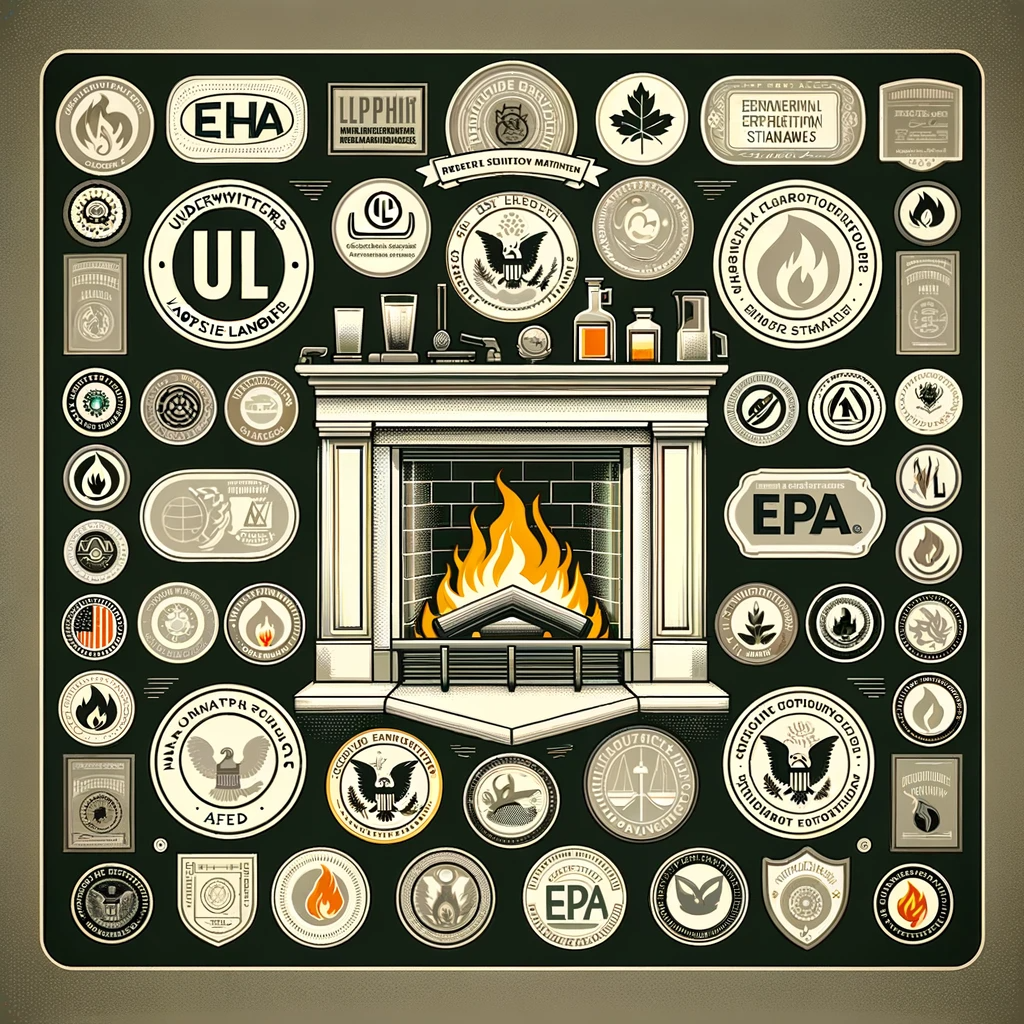 Various regulatory bodies and organizations related to fireplace insert safety standards. The image should feature a central fireplace insert with badges or logos around it, each representing a different organization like the Underwriters Laboratories (UL), National Fire Protection Association (NFPA), and the Environmental Protection Agency (EPA). Include symbols or icons that suggest safety, certification, and environmental standards. The style should be professional and clear, suitable for an educational or industry-related publication.