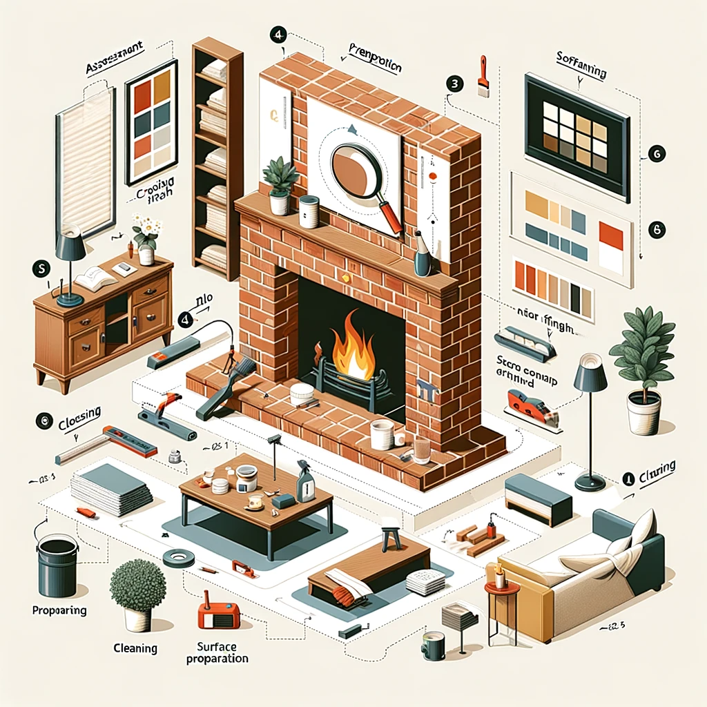 Illustrating the process of transforming a brick fireplace into a modern one. The diagram should have a clear, step-by-step layout with icons or small illustrations representing each step.