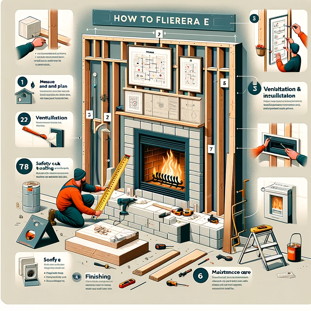 An infographic image illustrating the steps to frame a fireplace insert. The image should feature a vertical sequence of illustrations corresponding to each step and point.