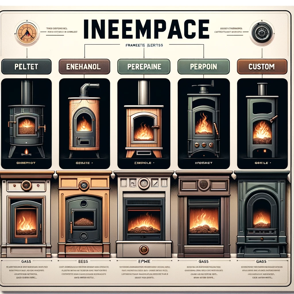 A comprehensive diagram showcasing the types of Fireplace Frame Inserts. The diagram should include five distinct sections, each dedicated to one type of insert: Pellet, Ethanol, Propane, Custom, and Gas Fireplace Inserts. Each section should feature a stylized illustration of the respective insert type with distinguishing features, like the pellet hopper for Pellet Inserts, a sleek modern design for Ethanol Inserts, a propane tank for Propane Inserts, a unique design element for Custom Inserts, and a gas line connection for Gas Inserts. Accompanying each illustration should be a brief description of the insert's characteristics, typical use cases, and energy efficiency.