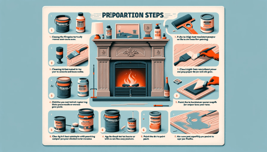 Infographic showing the preparation steps for painting a fireplace insert. It should include the following steps in a clear, visually appealing format: 1. Cleaning the fireplace insert thoroughly to remove soot and debris. 2. Sanding the surface to create a smooth base for painting. 3. Applying a high-heat resistant primer specifically designed for fireplace inserts. 4. Painting the insert with a high-heat resistant paint in a color of choice. 5. Allowing the paint to dry completely before using the fireplace.
