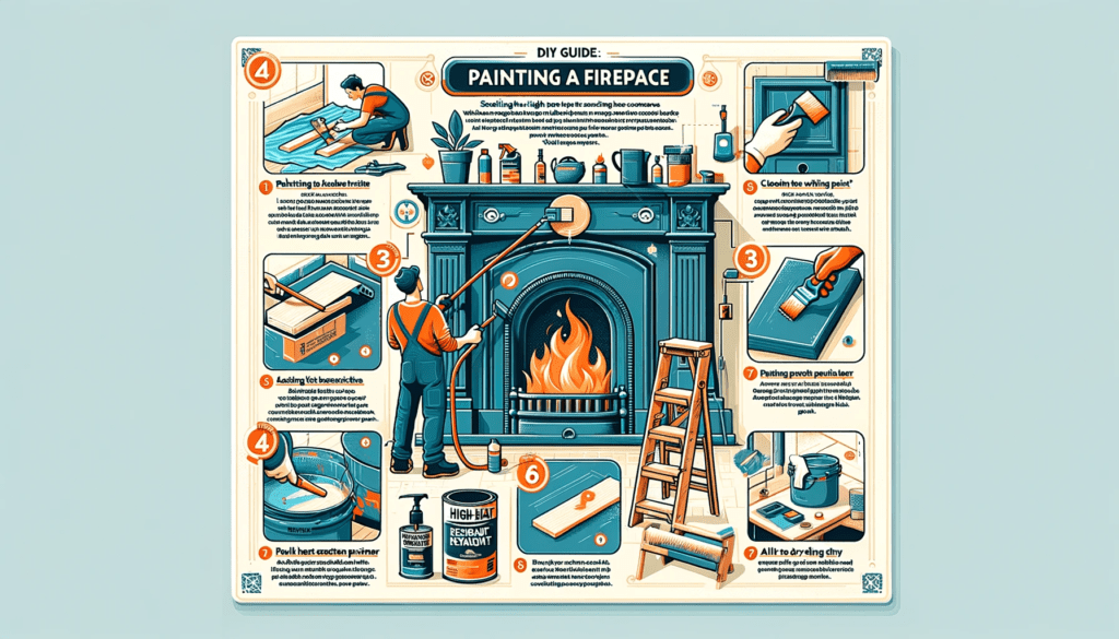  The infographic should include these steps: 1. Selecting the right type of high-heat resistant paint and primer. 2. Preparing the work area by covering surrounding surfaces with protective sheets. 3. Cleaning the fireplace insert to remove any soot, dust, or debris. 4. Sanding the surface to ensure smooth paint application. 5. Applying a layer of high-heat resistant primer. 6. Painting the insert with chosen high-heat resistant paint. 7. Allowing ample drying time before using the fireplace. 