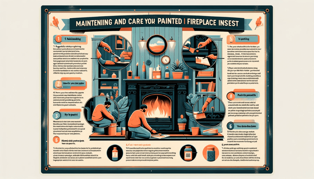 The infographic should detail the following steps: 1. Regularly dusting and cleaning the painted surface to prevent buildup of soot and ash. 2. Checking for any chips or cracks in the paint and touching up as needed. 3. Avoiding the use of harsh chemicals or abrasive materials that can damage the paint. 4. Inspecting the fireplace insert for any signs of rust or wear, especially before the winter season. 5. Ensuring proper ventilation to avoid moisture buildup, which can damage the paint.