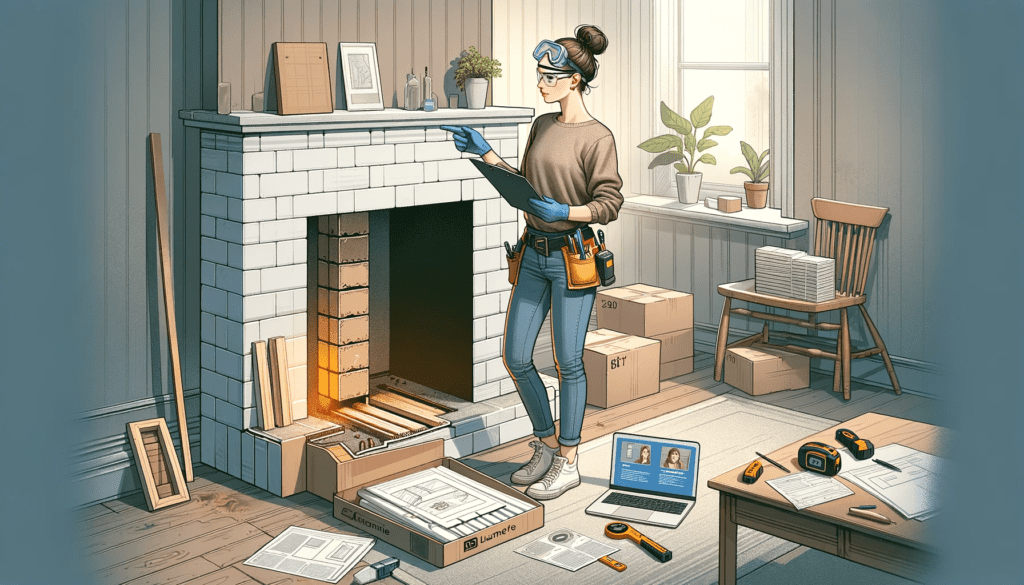 Illustrate a scene of a person preparing for insulation. Depict a Caucasian woman in casual attire, with safety goggles on her head and gloves in her hand, examining an empty fireplace in a well-lit room. Tools and materials like a tape measure, notepad, and pencil are visible in her tool belt. The environment should suggest a phase of planning, with open instruction manuals and a laptop displaying a 'How to Insulate' video tutorial on the side table.